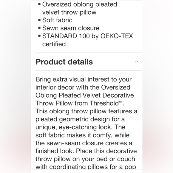 THRESHOLD NWT oversized oblong pleat velvet decorative throw pillow -dark gold - Picture 5 of 6